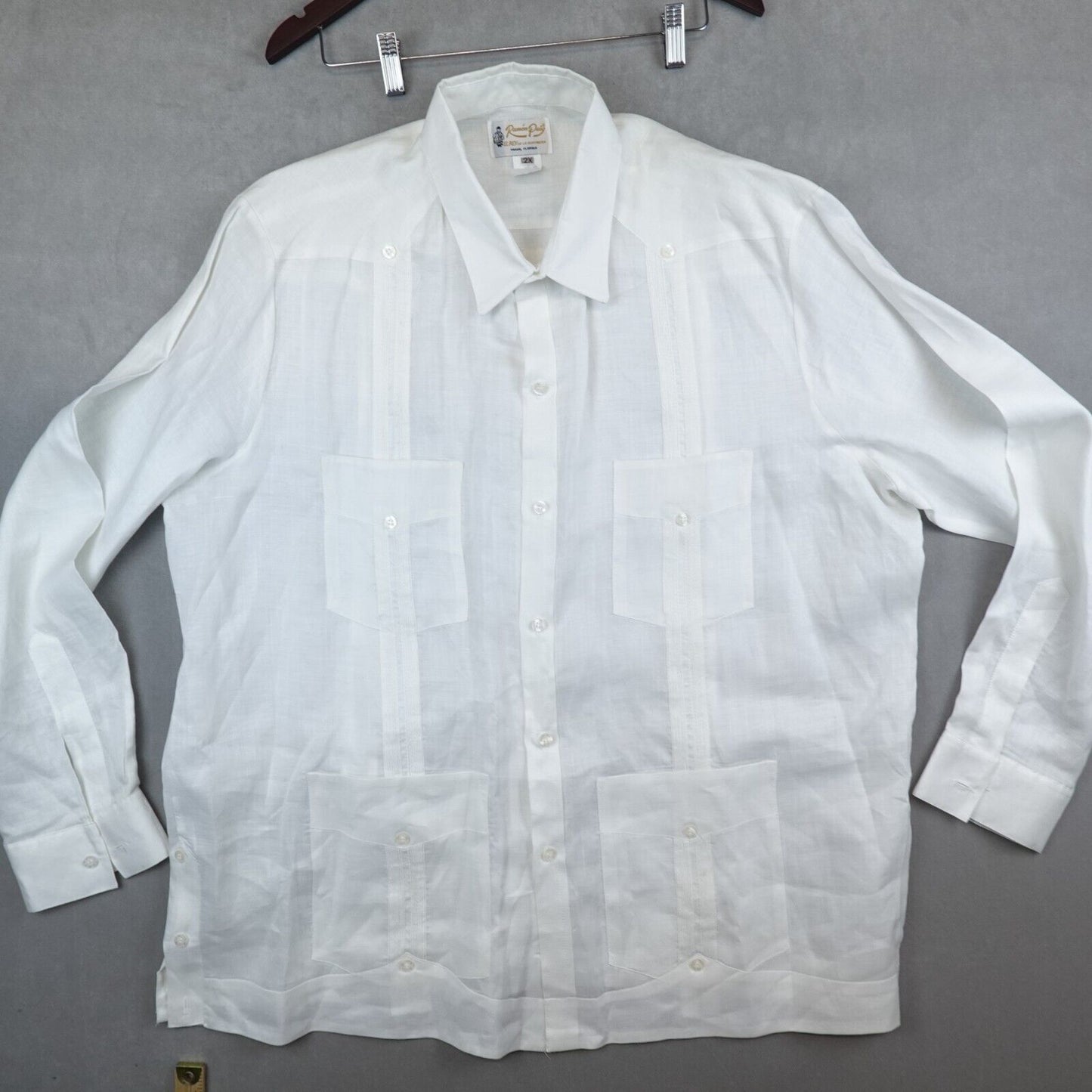 Ramon Puig Linen Shirt Mens XXL White Pockets Guayabera Long Sleeve Miami Cuba