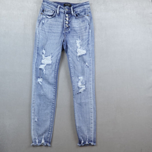 Judy Blue Jeans Womens 1/25 Bleach Splashed Distressed Medium Wash Skinny Fray