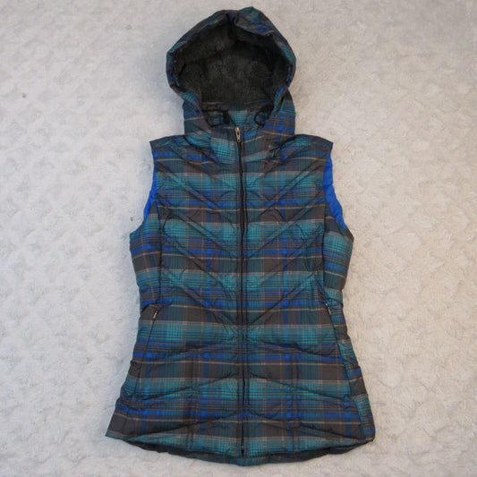 Patagonia Down With It Vest Womens XS Plaid Detach Hoody Goose Sherpa Full Zip