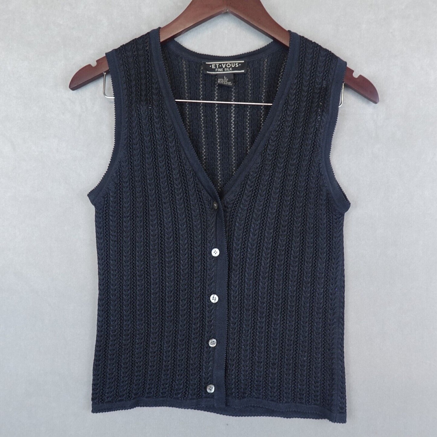 Et Vous Fine Silk Cardigan Vest Open Knit Black Button Front Womens Size Large