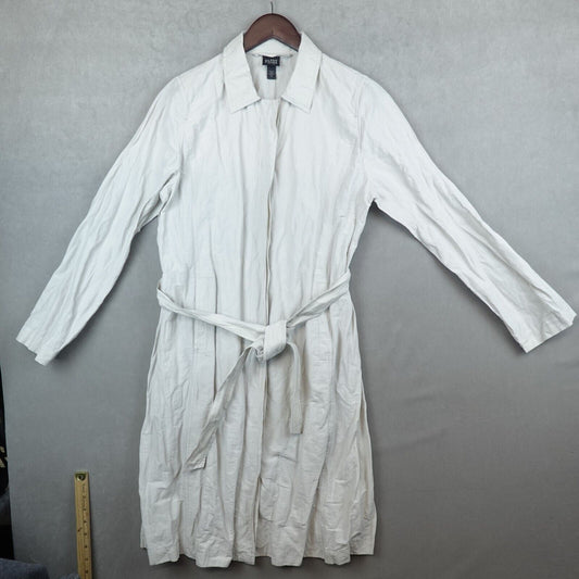 EILEEN FISHER Trench Coat Size Large Cotton Metallic Button Front Belted Ivory