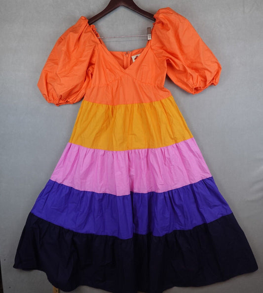 Anthropologie Farm Rio Dress Color Block Tiered Bohemian Maxi XXS Petite Rainbow