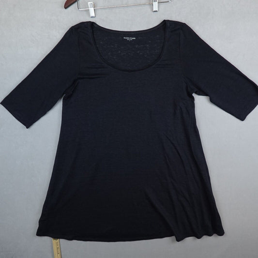 Eileen Fisher Top Womens Large Black Linen 3/4 Sleeves  Scoop Neck Tunic