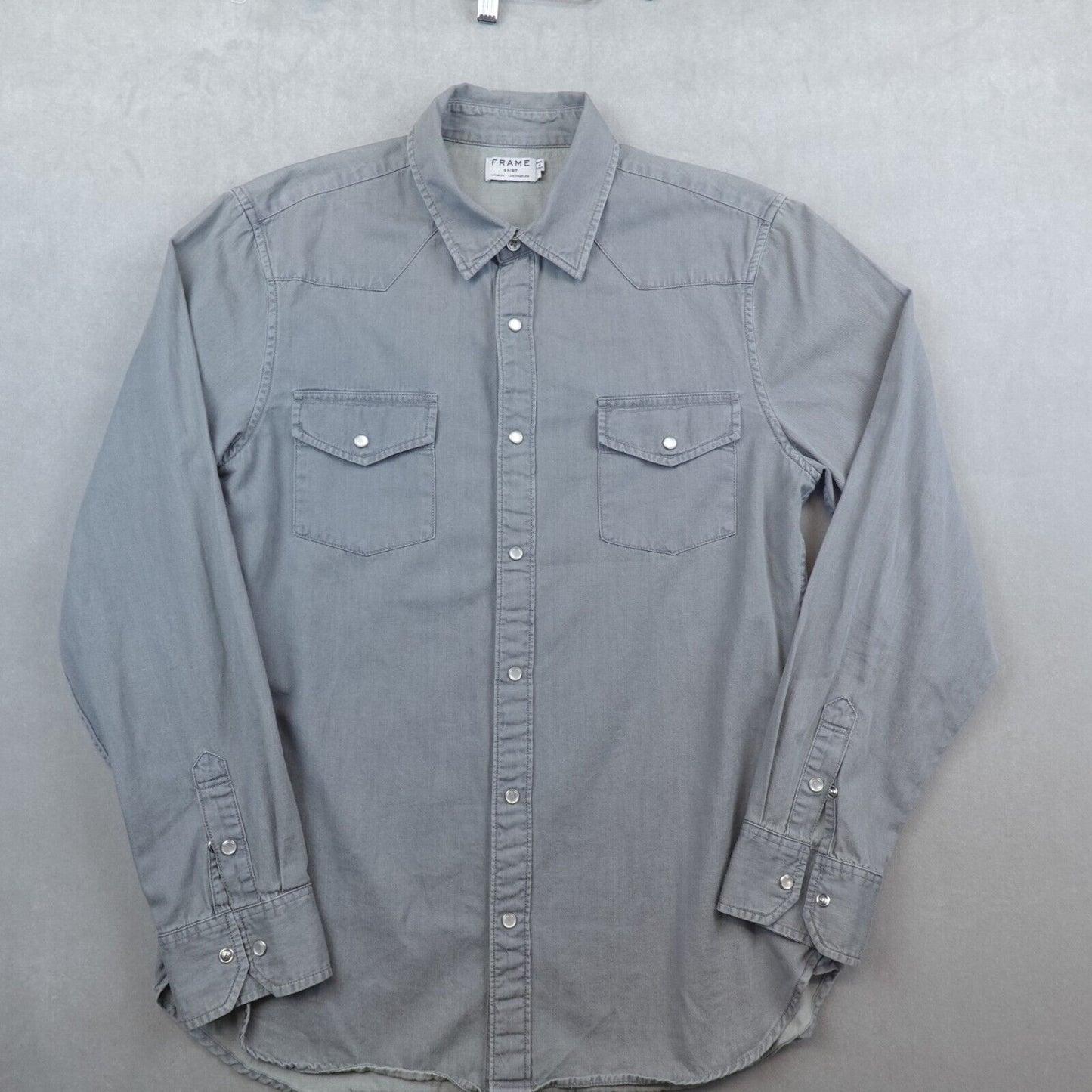 Frame Shirt Mens Large Pearl Snap Western Cowboy Rodeo Rockabilly Gray Chambray