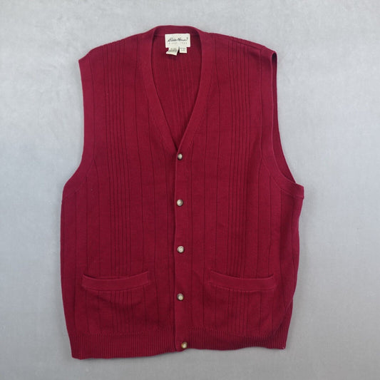 Eddie Bauer Sweater Vest Cardigan Mens Large Cotton Vintage Knit Red Granpa