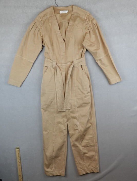 A.L.C. Jumpsuit Womens Size 4 Tan Belted V Neck Zip Front Long Sleeves Pockets