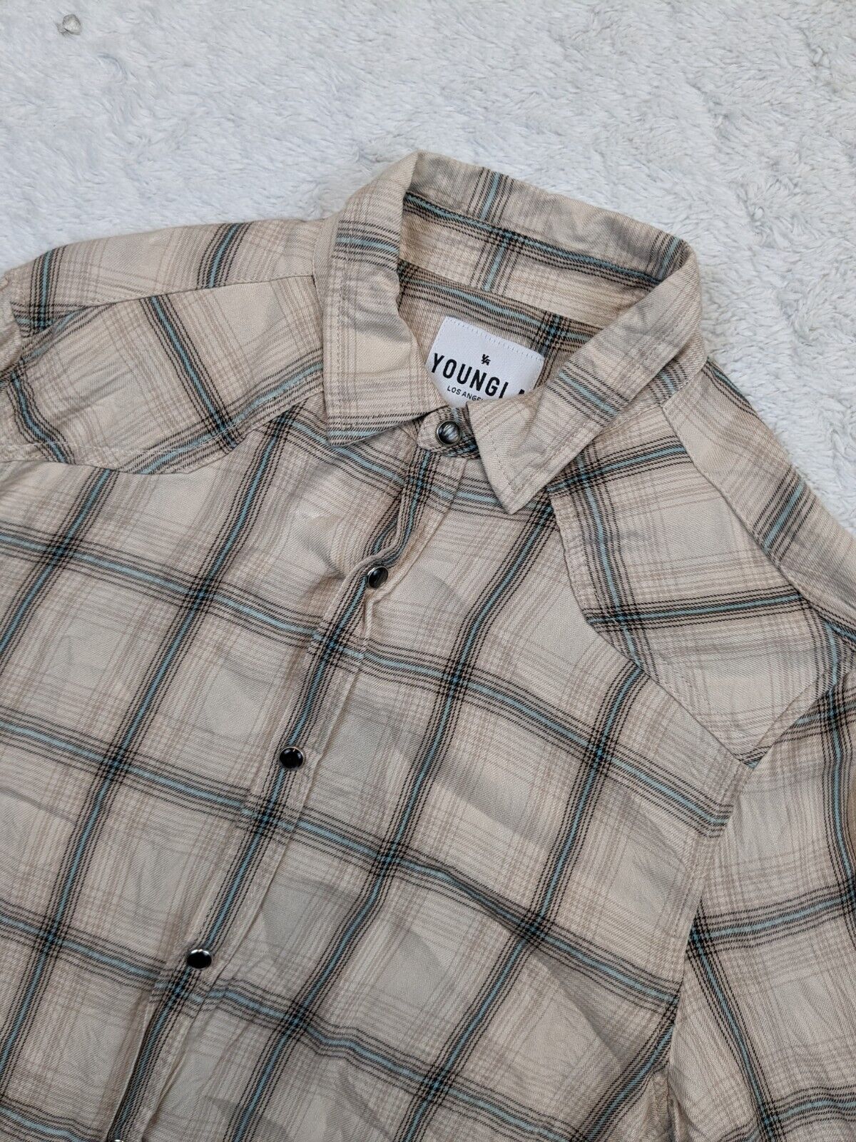 Youngla Shirt Mens Small Pearl Snap Plaid Lightweight Viscose Western Santa Cruz