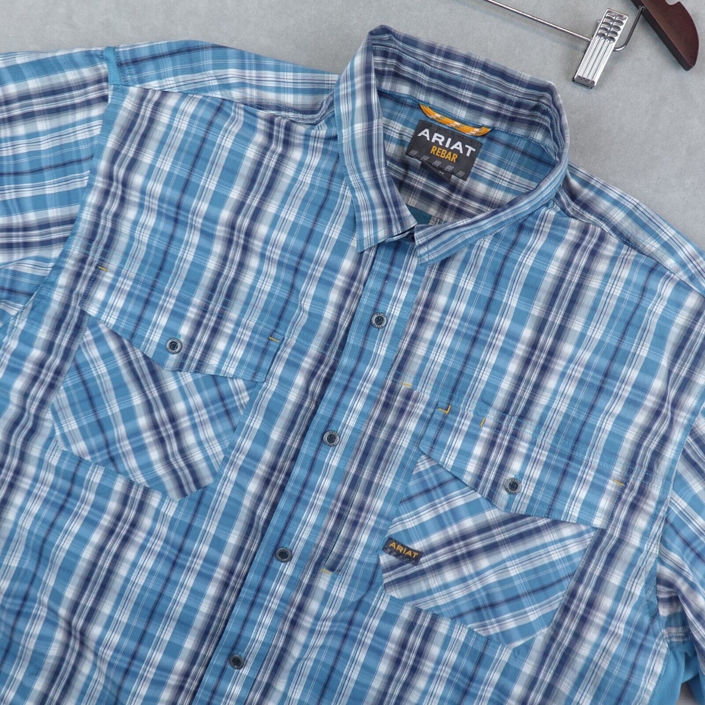 Ariat Rebar Shirt Mens XL Blue Plaid Button Up Pocket Short Sleeve Workwear