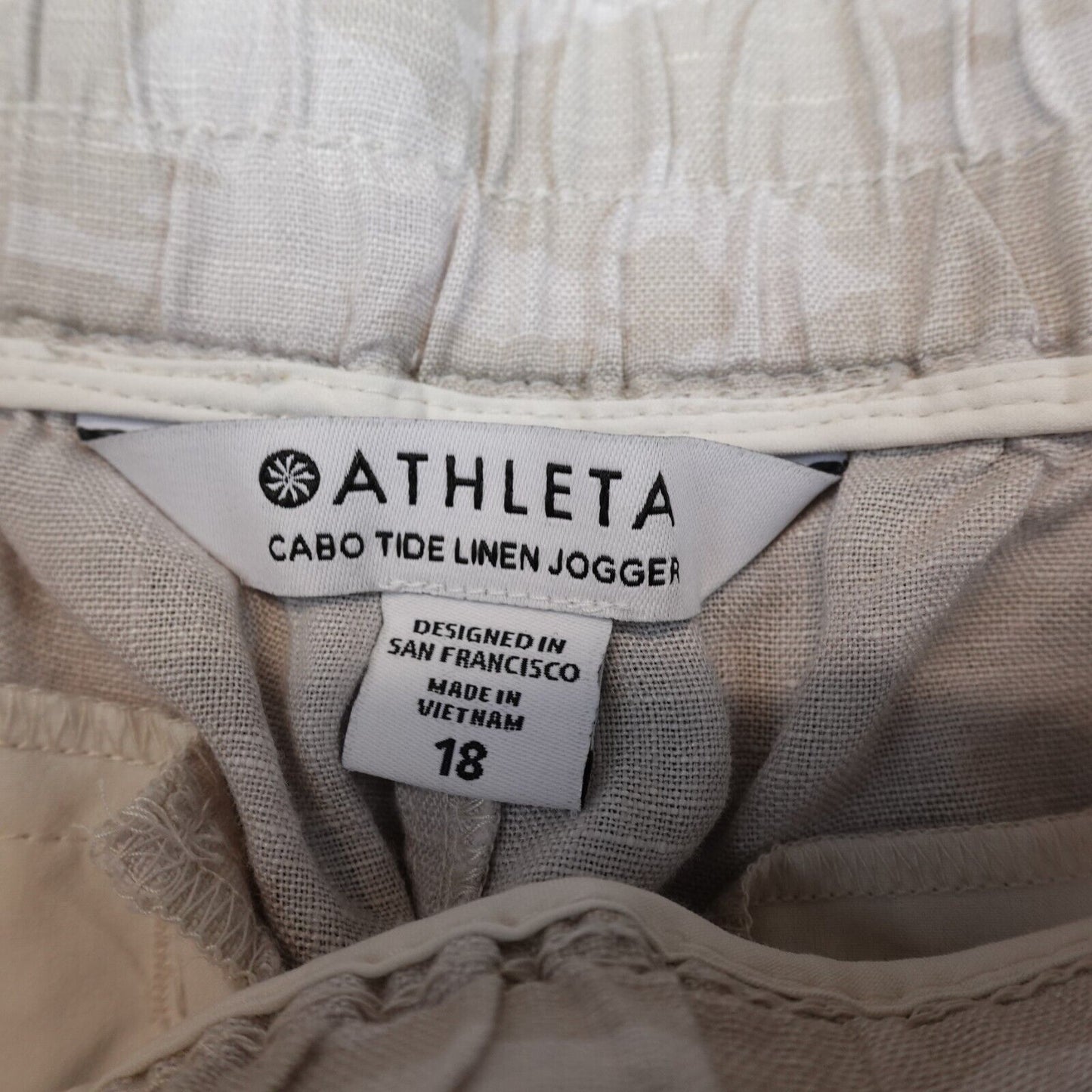 Athleta Cabo Tide Linen Jogger Size 18 Camo Tan Drawstring Tapered EUC