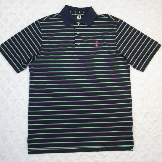 Footjoy FJ Polo Shirt Mens Mediu Blac Striped Short Sleeve Golf Logo Performance