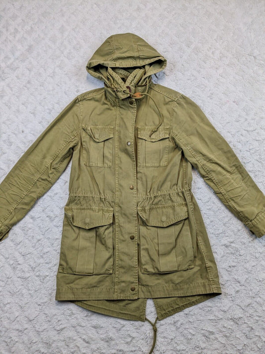 J CREW Jacket Womens XS Green Military Canvas Safari Outdoors Parka Hood *