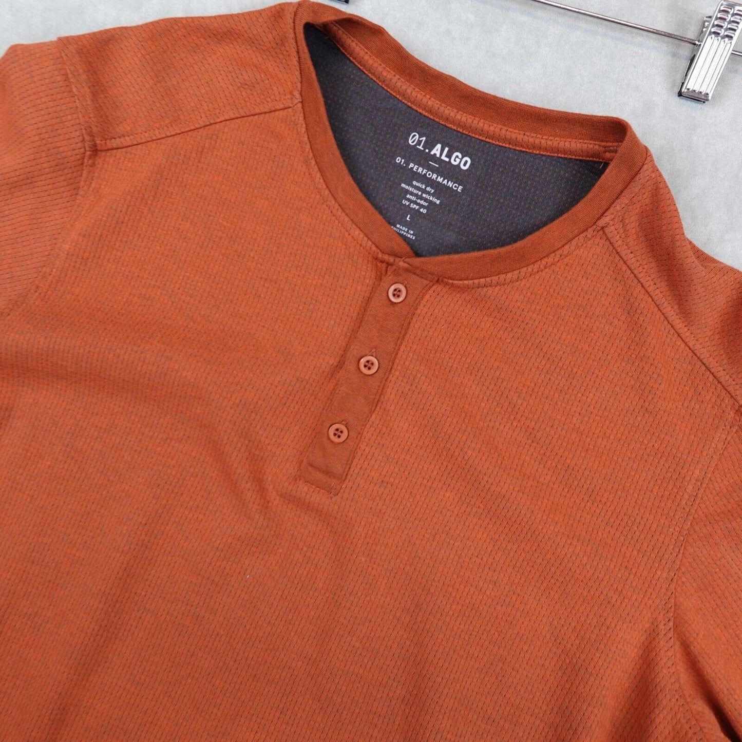 01.Algo Henley Shirt Men Size Large Thermal Long Sleeve Anti Odor Wicking Orange