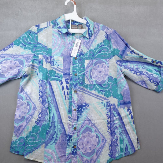 NWT Chicos Blue Paisley Blouse Women 2 Antique Patchwork Button Shirt 3/4 Sleeve