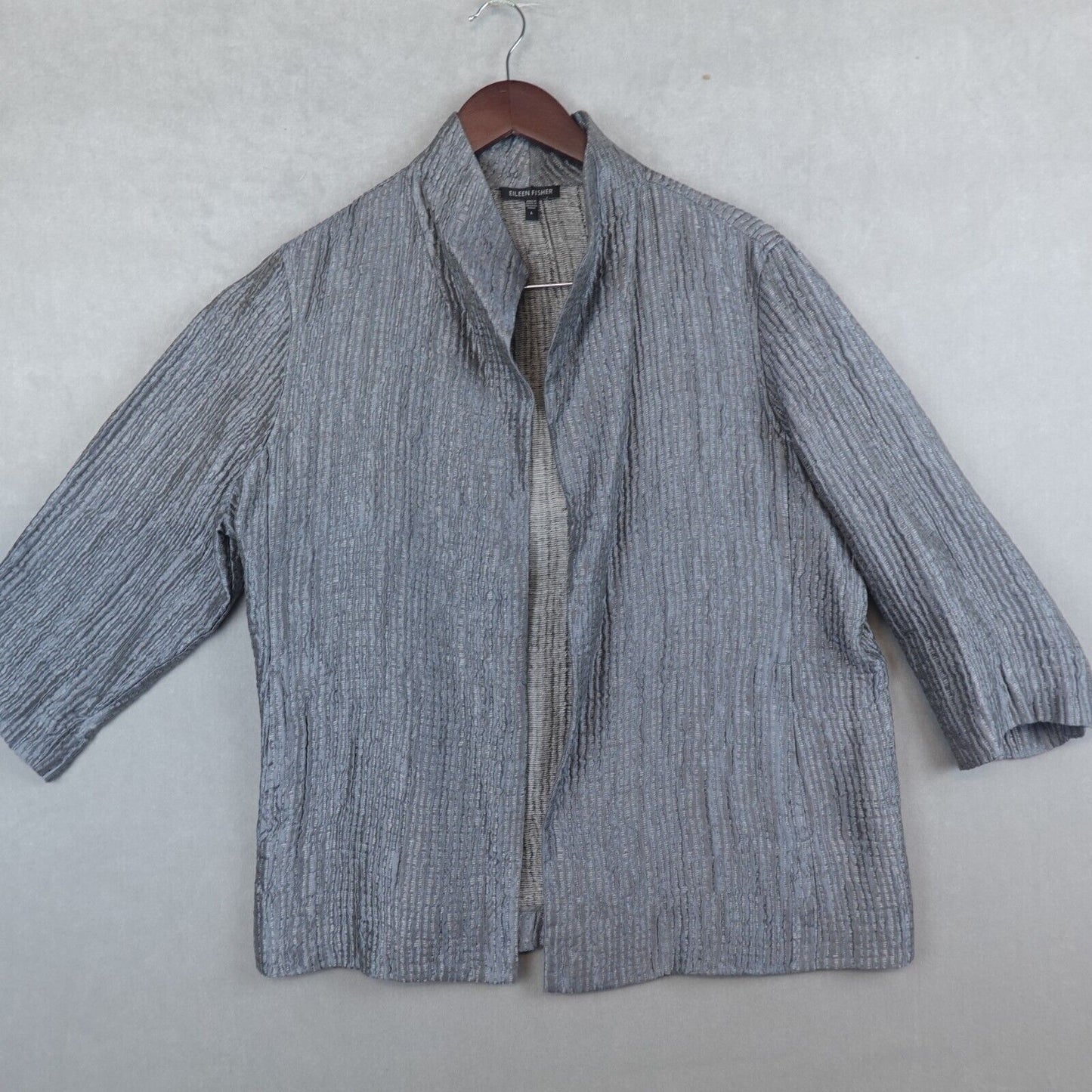 Eileen Fisher Cardigan Open Front Silk Blend Womens Large Metallic Gray Pockets