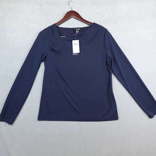 NWT Lauren Ralph Lauren Top Long Sleeve Large Blue Asymmetric  Neck New