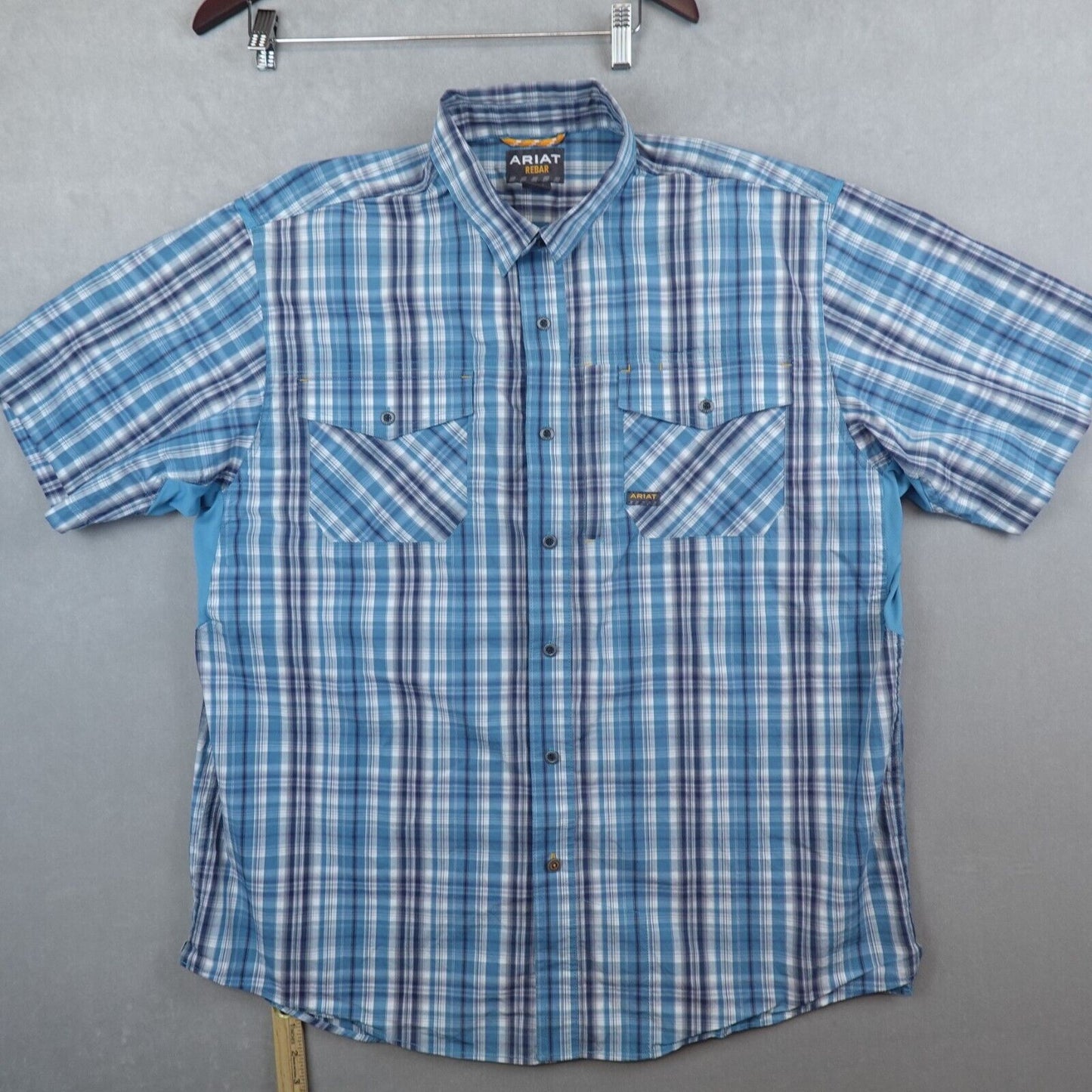 Ariat Rebar Shirt Mens XL Blue Plaid Button Up Pocket Short Sleeve Workwear