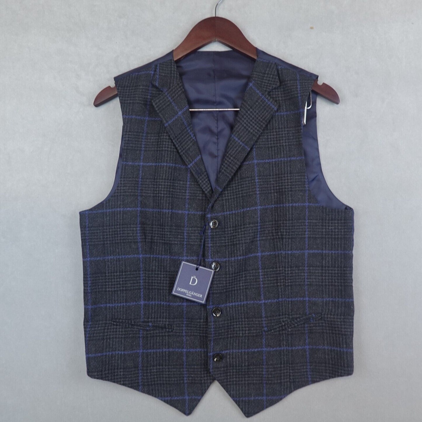 NWT Doppeganger Roma Vest Men 38 Wool Gray Glencheck Windowpane Waist Coat Italy