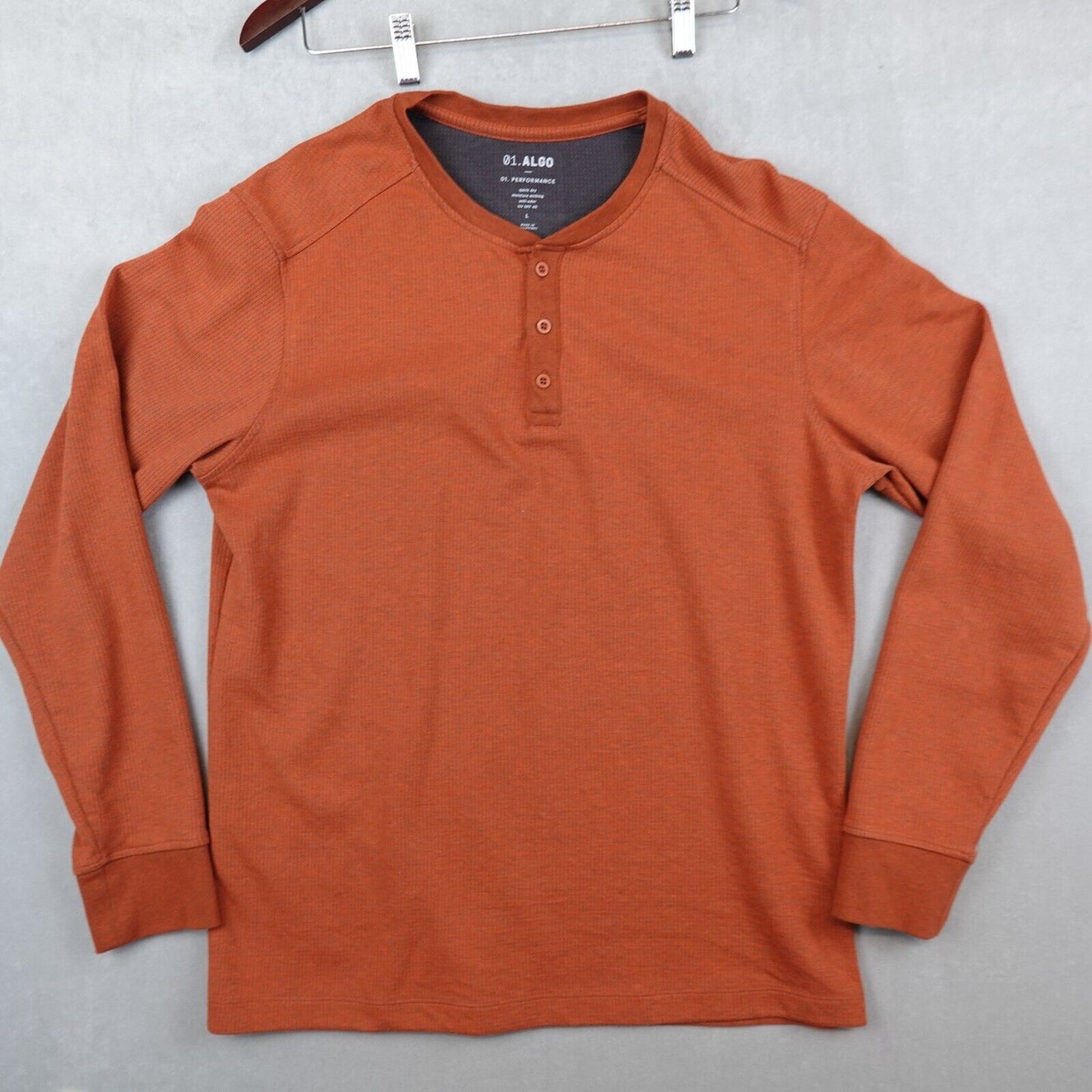 01.Algo Henley Shirt Men Size Large Thermal Long Sleeve Anti Odor Wicking Orange