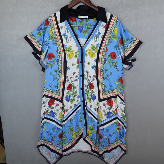 Alice + Olivia Blue Conner Floral Print Handkerchief Button Shirt Dress Large