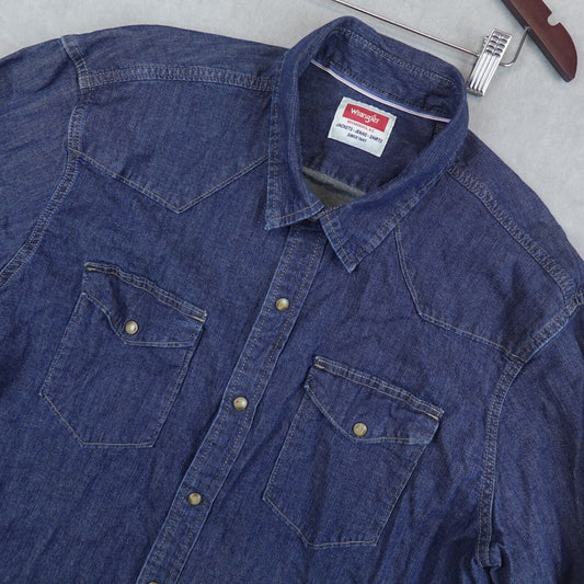 Wrangler Pearl Snap Shirt Mens XL Blue Indigo Chambray Cotton Denim Western L/S