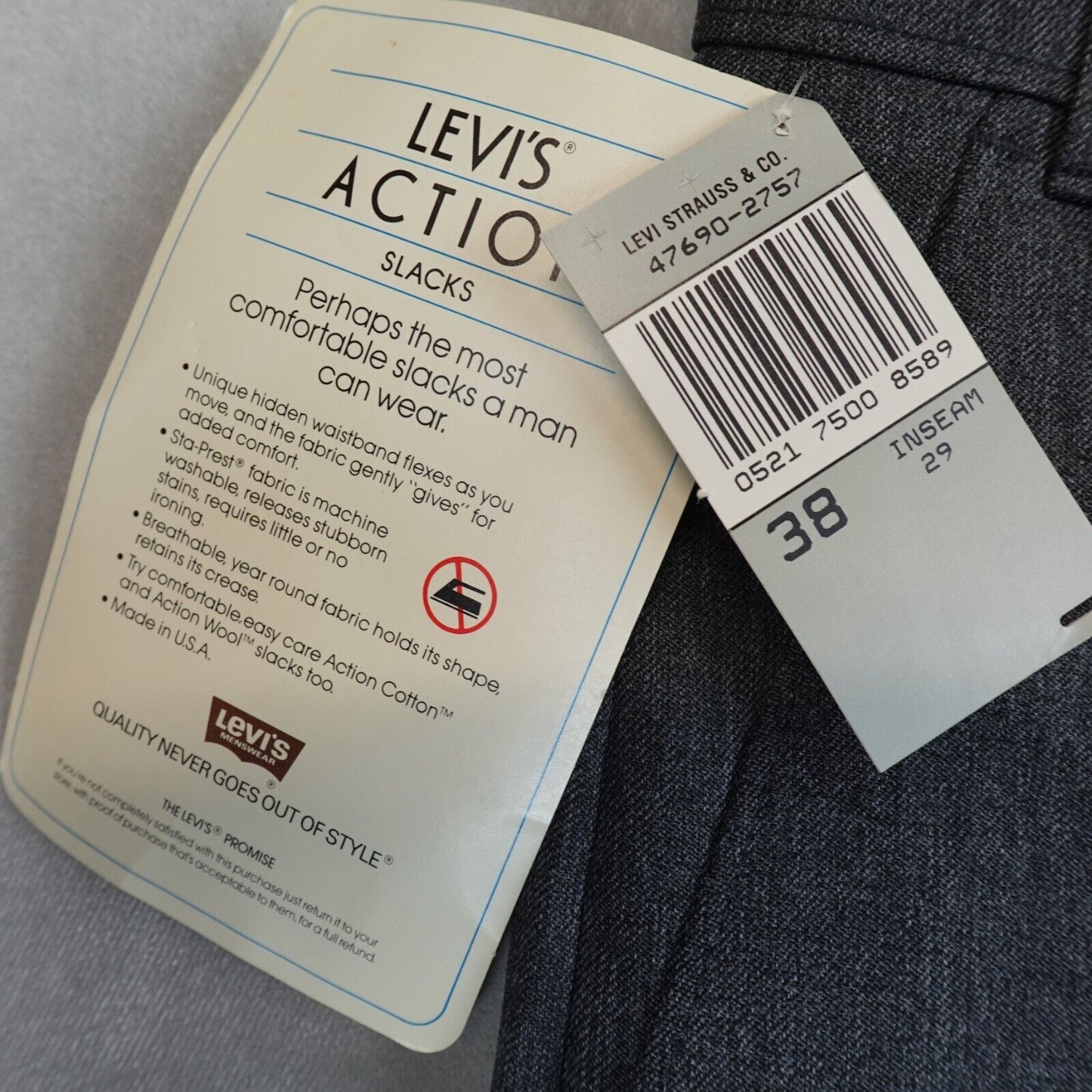 NWT VTG Levis Action Slacks Pants 38x29 Mens Gray Deadstock NOS Made In USA