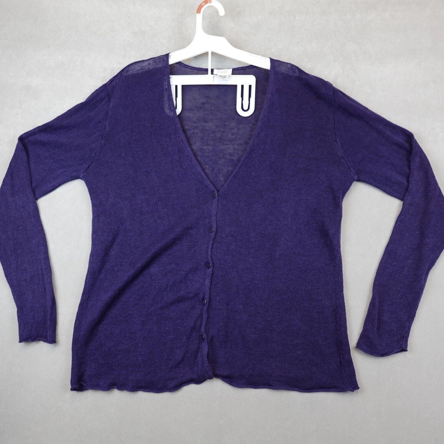 LL Bean Cardigan 100% Linen Open Knit Sweatshirt Women Large Button Front Purple