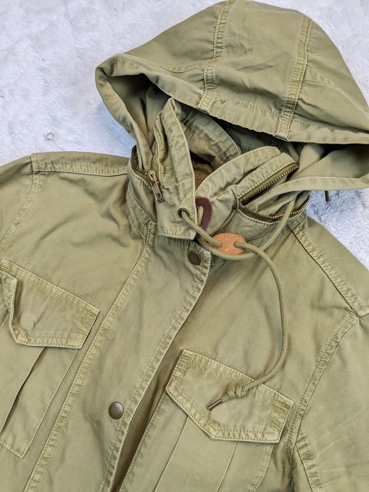 J CREW Jacket Womens XS Green Military Canvas Safari Outdoors Parka Hood *