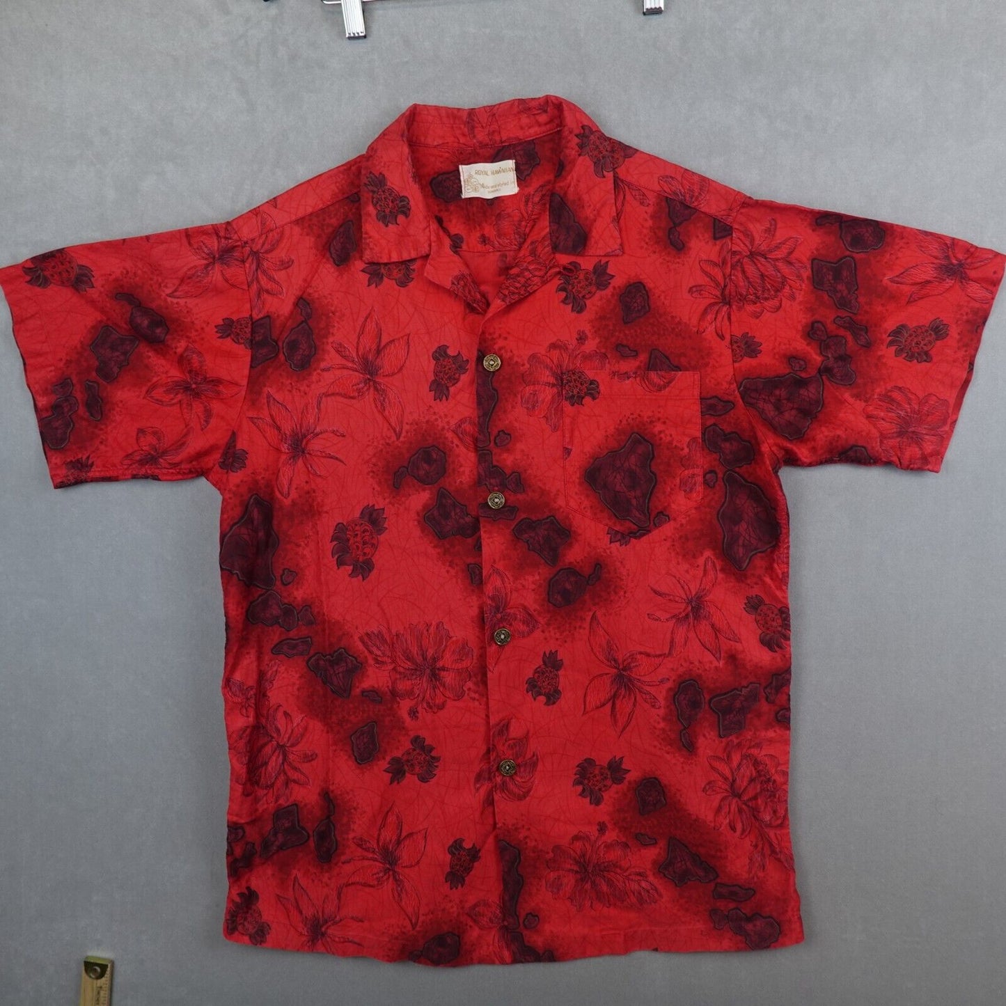 Vintage Royal Hawaiian Shirt Camp Loop Collar Original 60s 70s Men Sz Large Red